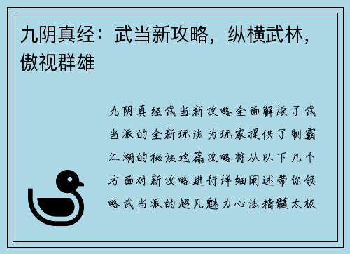 九阴真经：武当新攻略，纵横武林，傲视群雄